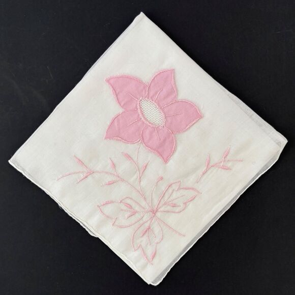 Embroidered Pink Floral Bridesmaid Handkerchief Heirloom Cottagecore Vintage - Picture 1 of 4
